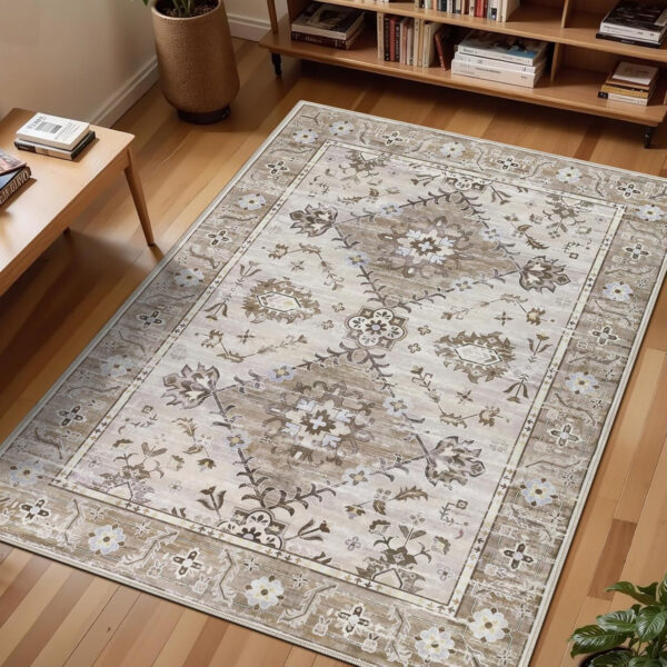 Ileading Washable Area Rugs 5x7, Vintage Boho Living Room Bedroom Rug Non Slip Distressed Indoor Floor Carpet Low Pile Under Table Mat for Dining Laundry Kids Kitchen Bath Room, Beige&Brown