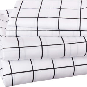 Amazon Basics Soft Microfiber 4-Piece Bed Sheet Set with Elastic Side Pockets, Full, Black Grid, Geometric