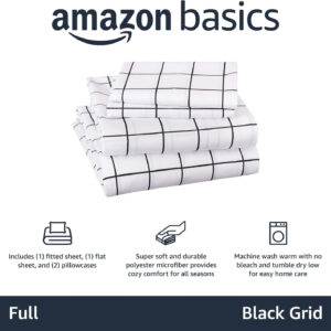 Amazon Basics Soft Microfiber 4-Piece Bed Sheet Set with Elastic Side Pockets, Full, Black Grid, Geometric