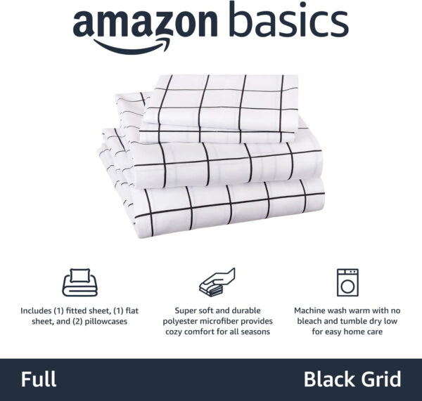 Amazon Basics Soft Microfiber 4-Piece Bed Sheet Set with Elastic Side Pockets, Full, Black Grid, Geometric