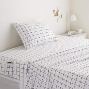 Amazon Basics Soft Microfiber 4-Piece Bed Sheet Set with Elastic Side Pockets, Full, Black Grid, Geometric