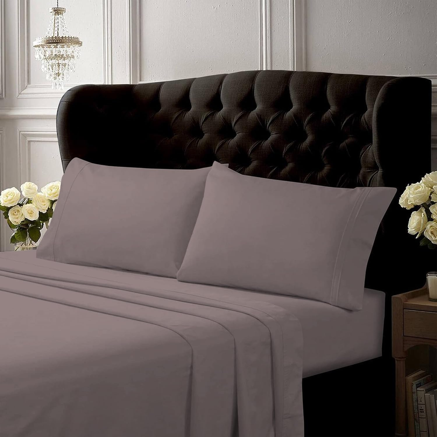 6888a4a14c8edfff3776407e4313643c2bb44da95d8218f65d47e.jpg Tribeca Living Queen Bed Sheet Set, Crisp and Smooth Cotton Percale Solid Sheets and Pillowcase Set, Extra Deep Pocket, 300 Thread Count, 4-Piece Luxury Bedding, Grey