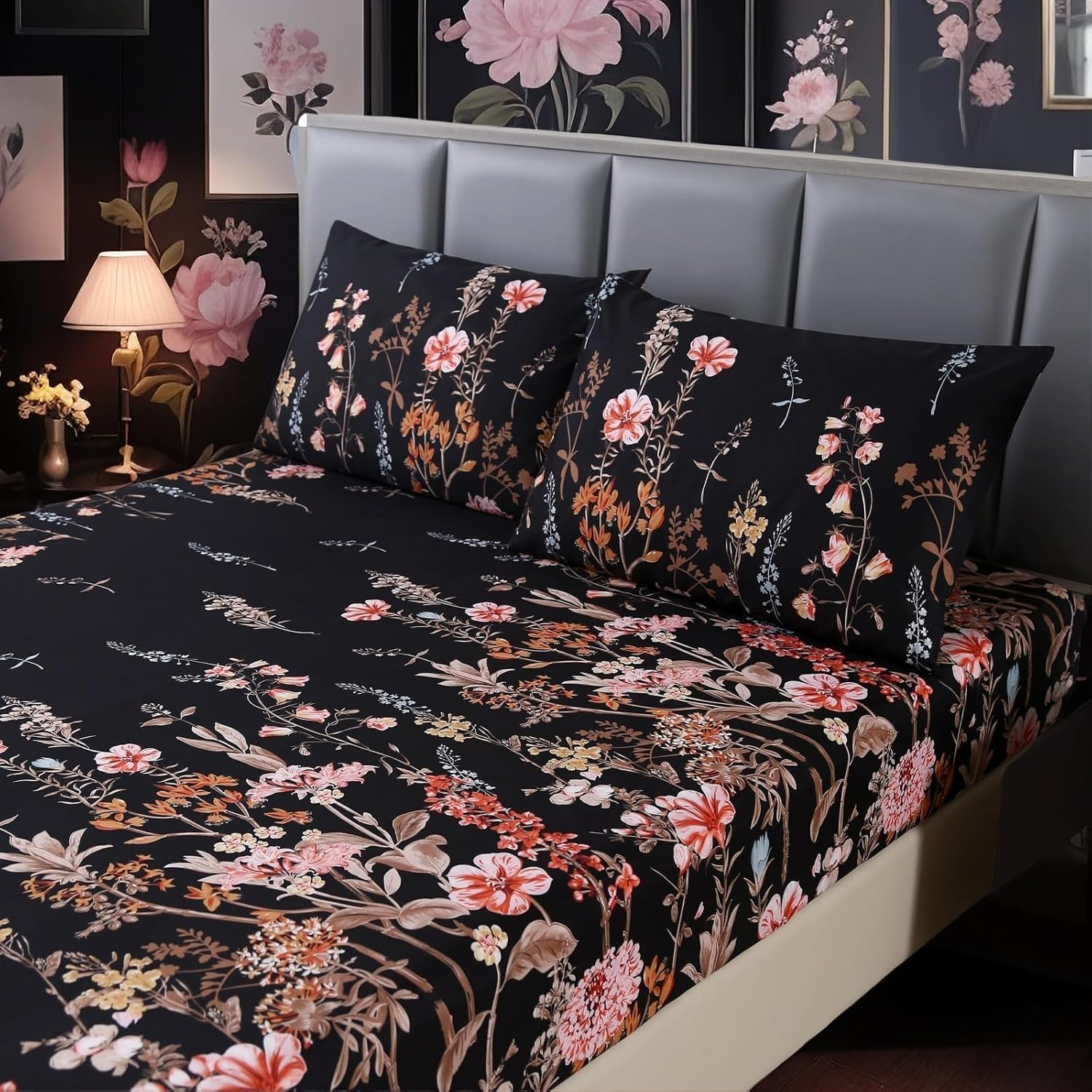 MAG 3pcs Black Floral Bed Sheet,Microfiber Flower Bedding Sheet Set,Boho Bedding Sheet Set with 1 Fitted Sheet and 2 Pillowcases,14 Inches Deep (Black, Queen)