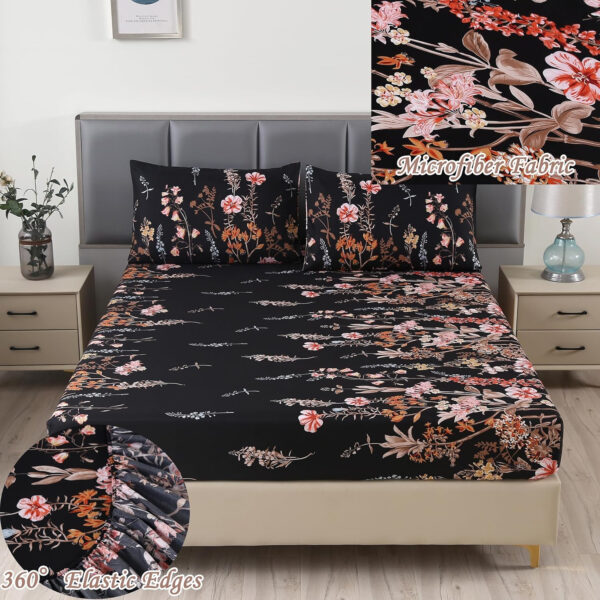 MAG 3pcs Black Floral Bed Sheet,Microfiber Flower Bedding Sheet Set,Boho Bedding Sheet Set with 1 Fitted Sheet and 2 Pillowcases,14 Inches Deep (Black, Queen)