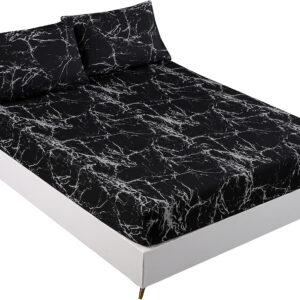 MAG 3pcs Black Floral Bed Sheet,Microfiber Flower Bedding Sheet Set,Boho Bedding Sheet Set with 1 Fitted Sheet and 2 Pillowcases,14 Inches Deep (Black, Queen)