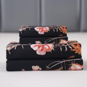 MAG 3pcs Black Floral Bed Sheet,Microfiber Flower Bedding Sheet Set,Boho Bedding Sheet Set with 1 Fitted Sheet and 2 Pillowcases,14 Inches Deep (Black, Queen)
