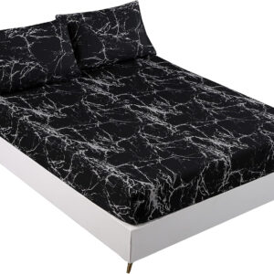 MAG 3pcs Black Floral Bed Sheet,Microfiber Flower Bedding Sheet Set,Boho Bedding Sheet Set with 1 Fitted Sheet and 2 Pillowcases,14 Inches Deep (Black, Queen)