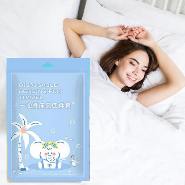 6888a8ed9fdc512debc23b8791e230099c8dd89d69331cfc3b083.jpg 4pcs Superior Disposable Travel Bedset Ready-to-Use Large Size Bed Linens Including One Bedsheet, One Quilt Cover, Two Pillowcases, Portable Bedding Set Breathable for Hotel Camping Trip Hospital