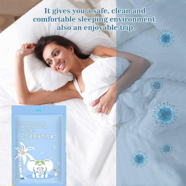 6888a8f11cc8e3fd2f19ead11c808f33b4d5cd42f4bb80f942dd5.jpg 4pcs Superior Disposable Travel Bedset Ready-to-Use Large Size Bed Linens Including One Bedsheet, One Quilt Cover, Two Pillowcases, Portable Bedding Set Breathable for Hotel Camping Trip Hospital