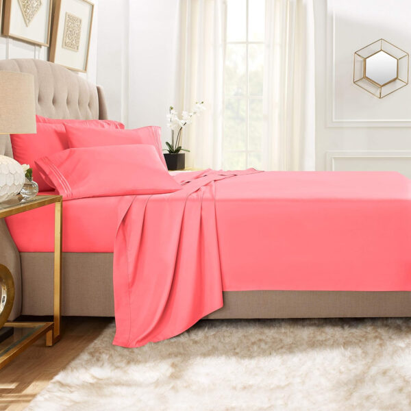 Clara Clark Bed Sheets, Premier 1800 Series Bed Sheet Set with Extra Set Pillowcases, Deep Pocket Fitted Sheet, Luxury Soft Bedding Sheets & Pillowcases, Flex-Top King, Coral Pink
