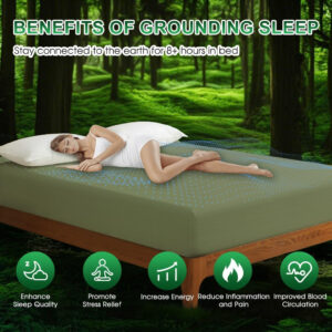Ivellow Grounding Sheets King 10% Pure Silver Fiber 90% Organic Cotton Sheets King Size 16” Deep Pocket Soft Breathable Grounded Sheet Earth Connected Bedding Fitted Sheet with Grounding Cord Green