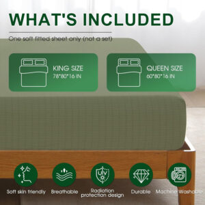 Ivellow Grounding Sheets King 10% Pure Silver Fiber 90% Organic Cotton Sheets King Size 16” Deep Pocket Soft Breathable Grounded Sheet Earth Connected Bedding Fitted Sheet with Grounding Cord Green