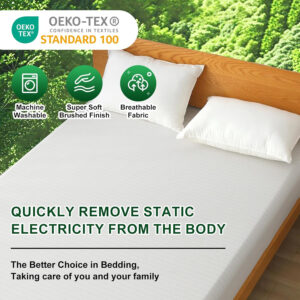 Ivellow Grounding Sheets King 10% Pure Silver Fiber 90% Organic Cotton Sheets King Size 16” Deep Pocket Soft Breathable Grounded Sheet Earth Connected Bedding Fitted Sheet with Grounding Cord Green