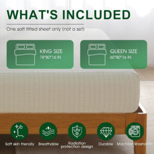 Ivellow Grounding Sheets King 10% Pure Silver Fiber 90% Organic Cotton Sheets King Size 16” Deep Pocket Soft Breathable Grounded Sheet Earth Connected Bedding Fitted Sheet with Grounding Cord Green