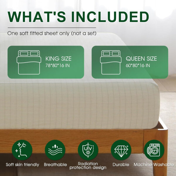 Ivellow Grounding Sheets King 10% Pure Silver Fiber 90% Organic Cotton Sheets King Size 16” Deep Pocket Soft Breathable Grounded Sheet Earth Connected Bedding Fitted Sheet with Grounding Cord Green