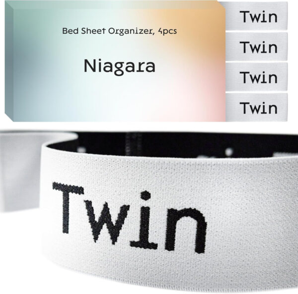 Niagara 4 Pack Bed Sheet Organizer and Storage Label Bands - Fully Elastic Stretchable Linen Closet Organizers and Storage - Bed Sheet Organizer Bands for Bed Sheets, Duvets, Quilts, Linen (Full)