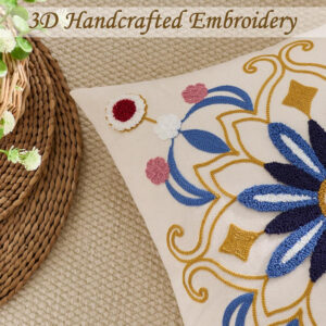 Embroidered Throw Pillow Cover 18x18 Classic Boho Floral Pattern Pillows Cover Outdoor Decorative Pillowcase,Durable Cozy Textured Cushion Case for Sofa Couch Bed Living Room,Orange