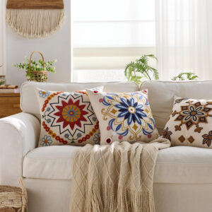 Embroidered Throw Pillow Cover 18x18 Classic Boho Floral Pattern Pillows Cover Outdoor Decorative Pillowcase,Durable Cozy Textured Cushion Case for Sofa Couch Bed Living Room,Orange