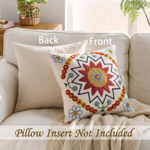 Embroidered Throw Pillow Cover 18x18 Classic Boho Floral Pattern Pillows Cover Outdoor Decorative Pillowcase,Durable Cozy Textured Cushion Case for Sofa Couch Bed Living Room,Orange