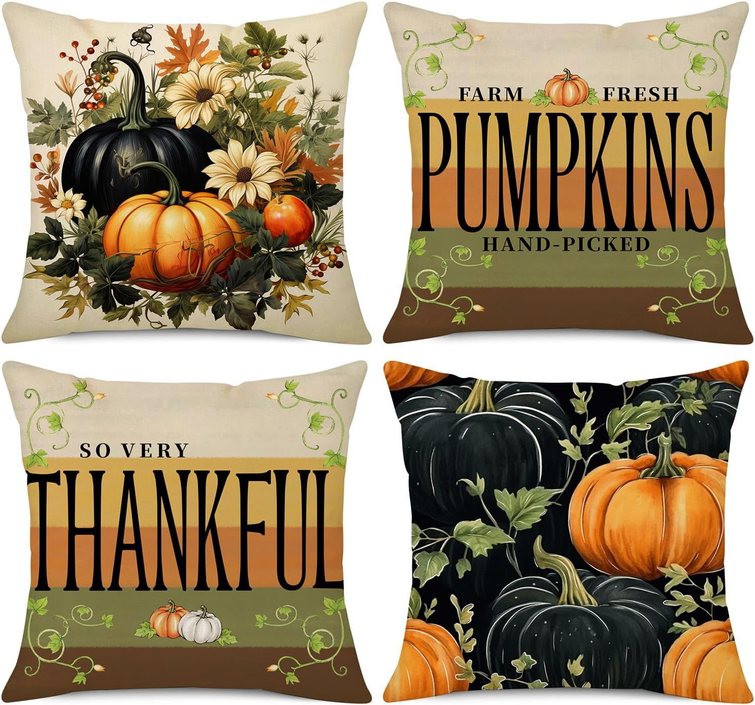 NIGHTWISH Fall Pillow Covers 18x18 Set of 4 Thanksgiving Farmhouse Decorations Dark Green Orange Pumpkin Outdoor Fall Decor Throw Pillow Covers Striped Vines Harvest Autumn Cushion Case for Sofa Couch