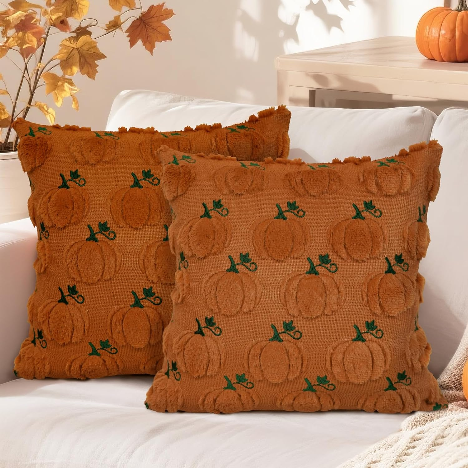 MEHOFOND Fall Pillow Covers 18x18 Set of 2 Pumpkin Decorations Autumn Soft Plush Faux Fur Throw Pillow Cases 3D Embroidered Thanksgiving Harvest Cushion Case for Sofa Bedroom Living Room Home Decor
