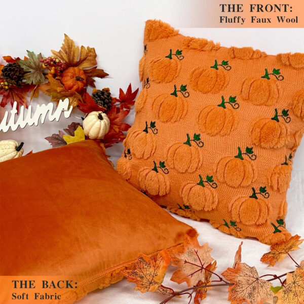 MEHOFOND Fall Pillow Covers 18x18 Set of 2 Pumpkin Decorations Autumn Soft Plush Faux Fur Throw Pillow Cases 3D Embroidered Thanksgiving Harvest Cushion Case for Sofa Bedroom Living Room Home Decor