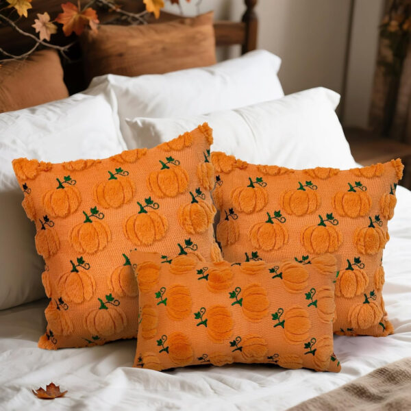 MEHOFOND Fall Pillow Covers 18x18 Set of 2 Pumpkin Decorations Autumn Soft Plush Faux Fur Throw Pillow Cases 3D Embroidered Thanksgiving Harvest Cushion Case for Sofa Bedroom Living Room Home Decor