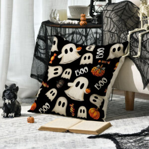 AVOIN colorlife Halloween Pumpkin Ghost Throw Pillow Cover, 18 x 18 Inch Holiday Farmhouse Candy Black Cushion Case Decoration for Sofa Couch