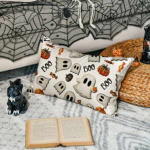 AVOIN colorlife Halloween Pumpkin Ghost Throw Pillow Cover, 18 x 18 Inch Holiday Farmhouse Candy Black Cushion Case Decoration for Sofa Couch