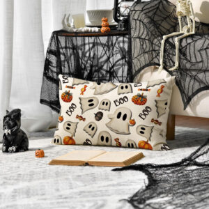 AVOIN colorlife Halloween Pumpkin Ghost Throw Pillow Cover, 18 x 18 Inch Holiday Farmhouse Candy Black Cushion Case Decoration for Sofa Couch