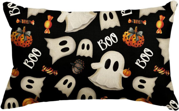 AVOIN colorlife Halloween Pumpkin Ghost Throw Pillow Cover, 18 x 18 Inch Holiday Farmhouse Candy Black Cushion Case Decoration for Sofa Couch