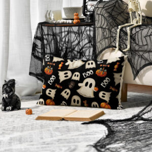 AVOIN colorlife Halloween Pumpkin Ghost Throw Pillow Cover, 18 x 18 Inch Holiday Farmhouse Candy Black Cushion Case Decoration for Sofa Couch