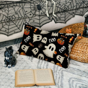 AVOIN colorlife Halloween Pumpkin Ghost Throw Pillow Cover, 18 x 18 Inch Holiday Farmhouse Candy Black Cushion Case Decoration for Sofa Couch