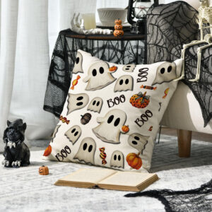 AVOIN colorlife Halloween Pumpkin Ghost Throw Pillow Cover, 18 x 18 Inch Holiday Farmhouse Candy Black Cushion Case Decoration for Sofa Couch