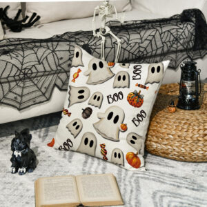 AVOIN colorlife Halloween Pumpkin Ghost Throw Pillow Cover, 18 x 18 Inch Holiday Farmhouse Candy Black Cushion Case Decoration for Sofa Couch