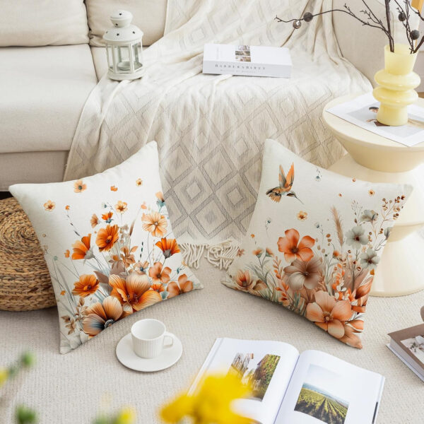 Fall Floral Throw Pillow Covers 18 x 18 Inch Autumn Garden Flowers Hummingbird Decorative Pillows Outdoor Cushion Cases for Couch Sofa Home Decor Set of 4