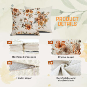 Fall Floral Throw Pillow Covers 18 x 18 Inch Autumn Garden Flowers Hummingbird Decorative Pillows Outdoor Cushion Cases for Couch Sofa Home Decor Set of 4