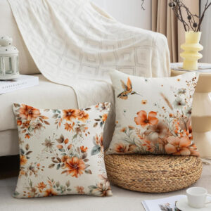 Fall Floral Throw Pillow Covers 18 x 18 Inch Autumn Garden Flowers Hummingbird Decorative Pillows Outdoor Cushion Cases for Couch Sofa Home Decor Set of 4