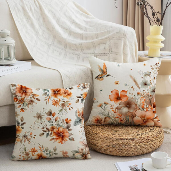 Fall Floral Throw Pillow Covers 18 x 18 Inch Autumn Garden Flowers Hummingbird Decorative Pillows Outdoor Cushion Cases for Couch Sofa Home Decor Set of 4