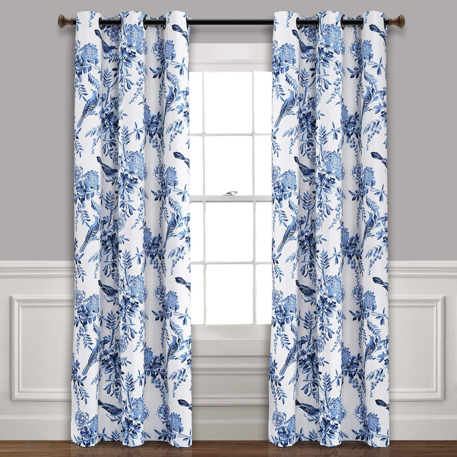 6888d07b3ec9f30835af75ee6b3381f21a993b57046a29acd0f5b.jpg Lush Decor, White and Blue Farmhouse Bird and Flower Insulated Grommet Blackout Window Curtain Panel Pair, 95'' x 38', 95" x 38"