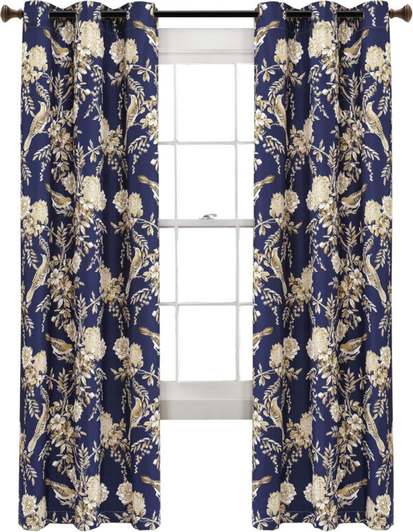 6888d085bc0326378da71f0c842e936cfe5d81b9c5b8a7c4be4b6.jpg Lush Decor, White and Blue Farmhouse Bird and Flower Insulated Grommet Blackout Window Curtain Panel Pair, 95'' x 38', 95" x 38"