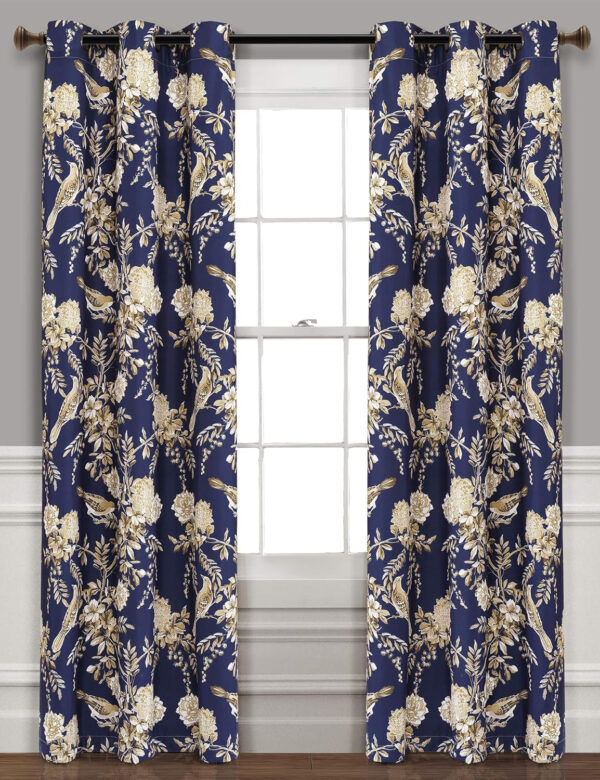 6888d087bc999d55e2f7a3824bf471dd8193b97357c6c9273277c.jpg Lush Decor, White and Blue Farmhouse Bird and Flower Insulated Grommet Blackout Window Curtain Panel Pair, 95'' x 38', 95" x 38"