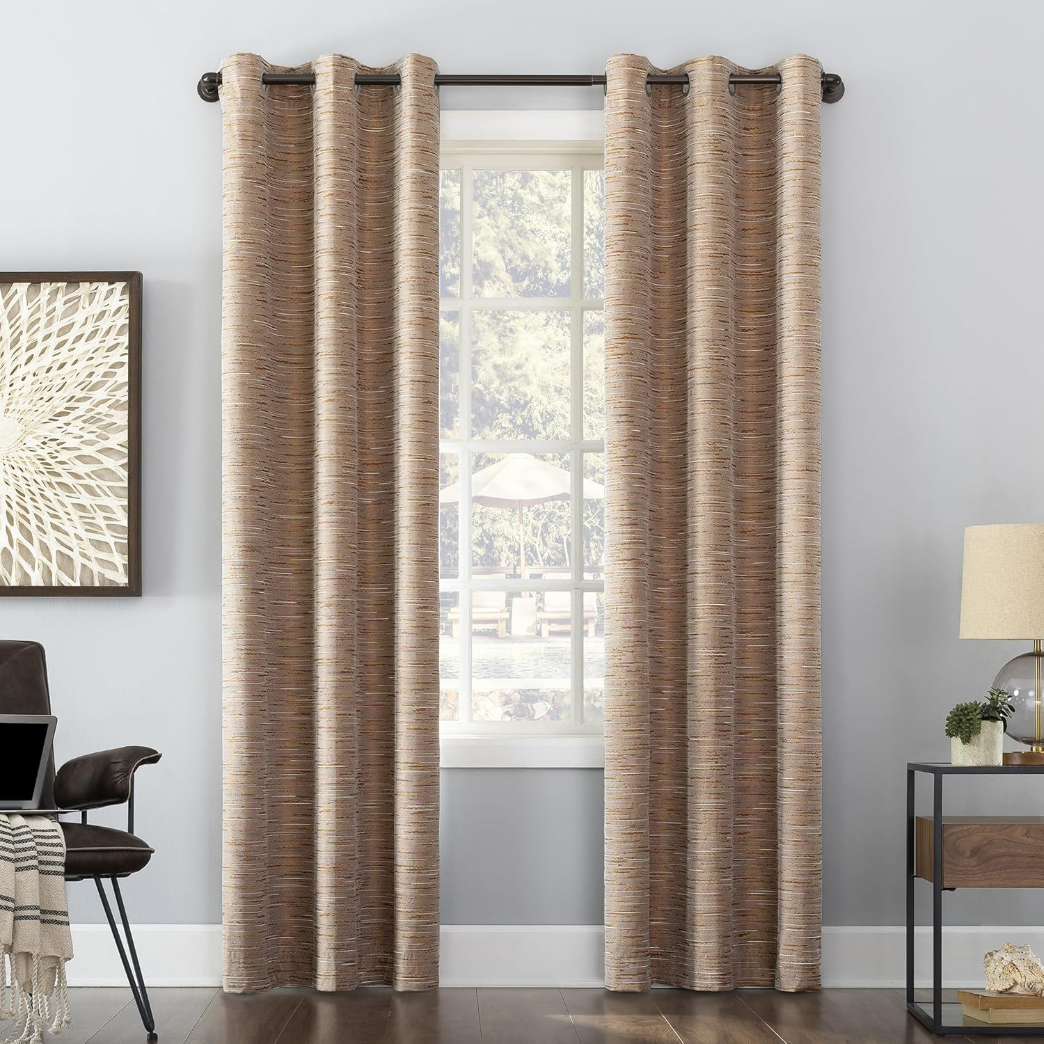 6888d1cf4611adaad3e0d43426c30d293437d7114787b5a17dccd.jpg Sun Zero Denver Distressed Stripe Thermal Extreme 100% Total Blackout Grommet Curtain Panel, Pecan, 40" W x 84" L (1 Panel)