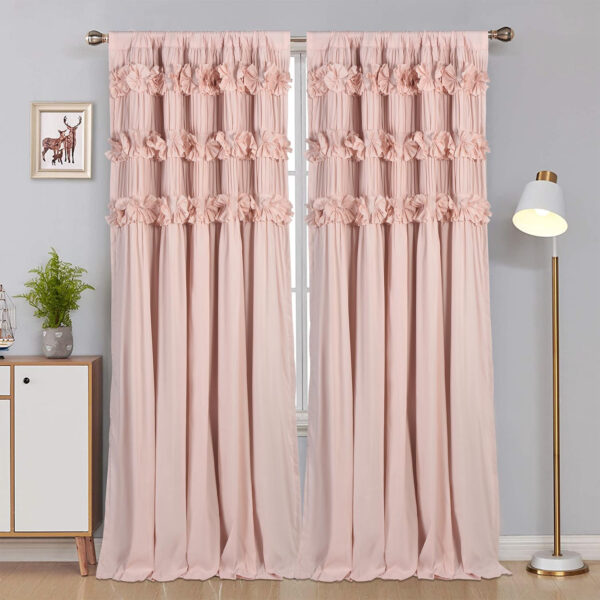 Camel Blackout Curtains with Handmade Ruffles, Butterfly Flower Embellishments for Thermal Insulated Room Darkening Drapes, 54"x84", Set of 2 Panels for Bedroom, Living Room (LQ-37)