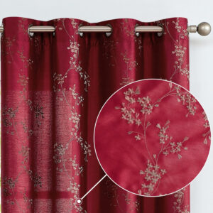 jinchan Floral Curtains Embroidered Curtains for Living Room 63 Inch Length Faux Silk Curtains Burgundy Red Flower Patterned Drapes Light Filtering Curtains Window Curtain Set 2 Panels