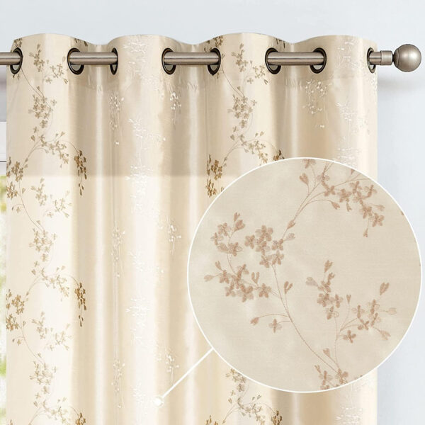 jinchan Floral Curtains Embroidered Curtains for Living Room 63 Inch Length Faux Silk Curtains Burgundy Red Flower Patterned Drapes Light Filtering Curtains Window Curtain Set 2 Panels