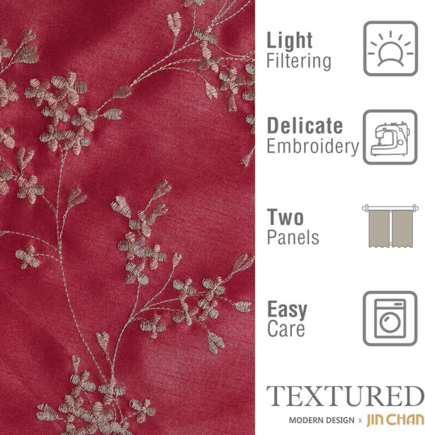 jinchan Floral Curtains Embroidered Curtains for Living Room 63 Inch Length Faux Silk Curtains Burgundy Red Flower Patterned Drapes Light Filtering Curtains Window Curtain Set 2 Panels