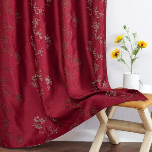 jinchan Floral Curtains Embroidered Curtains for Living Room 63 Inch Length Faux Silk Curtains Burgundy Red Flower Patterned Drapes Light Filtering Curtains Window Curtain Set 2 Panels