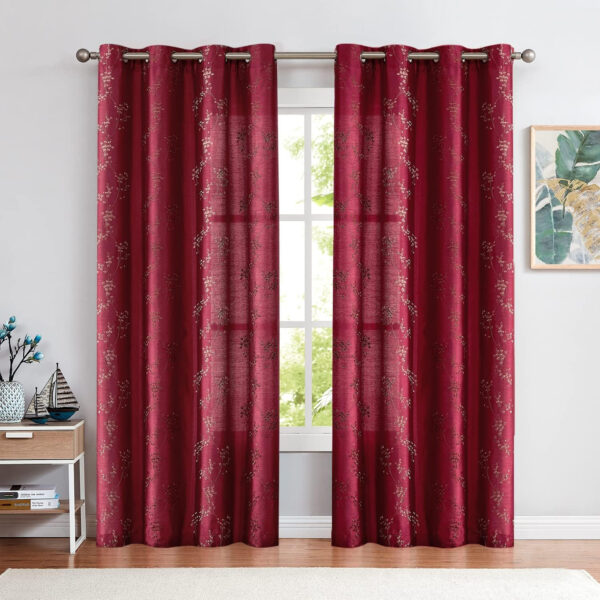 jinchan Floral Curtains Embroidered Curtains for Living Room 63 Inch Length Faux Silk Curtains Burgundy Red Flower Patterned Drapes Light Filtering Curtains Window Curtain Set 2 Panels