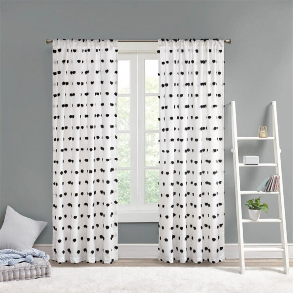 6888d584620213ef92b02073033b4802530ff49c445739ac80b67.jpg Intelligent Design Sophie Single Window Curtain Panel Clipped Pompom Embelished Privacy Drape with Rod Pocket for Bedroom, Livingroom, 50" x 84", Black